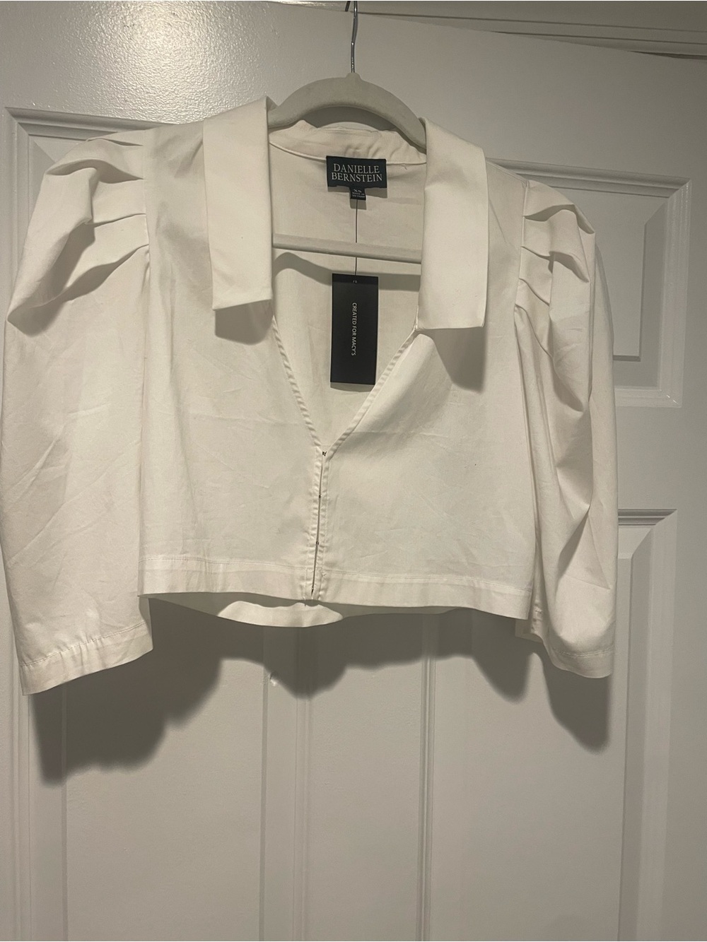 DANIELLE BERNSTEIN White Cropped Collared Puff-Sleeve Top